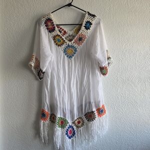Bohemian White Tunic with Colorful Crochet Details